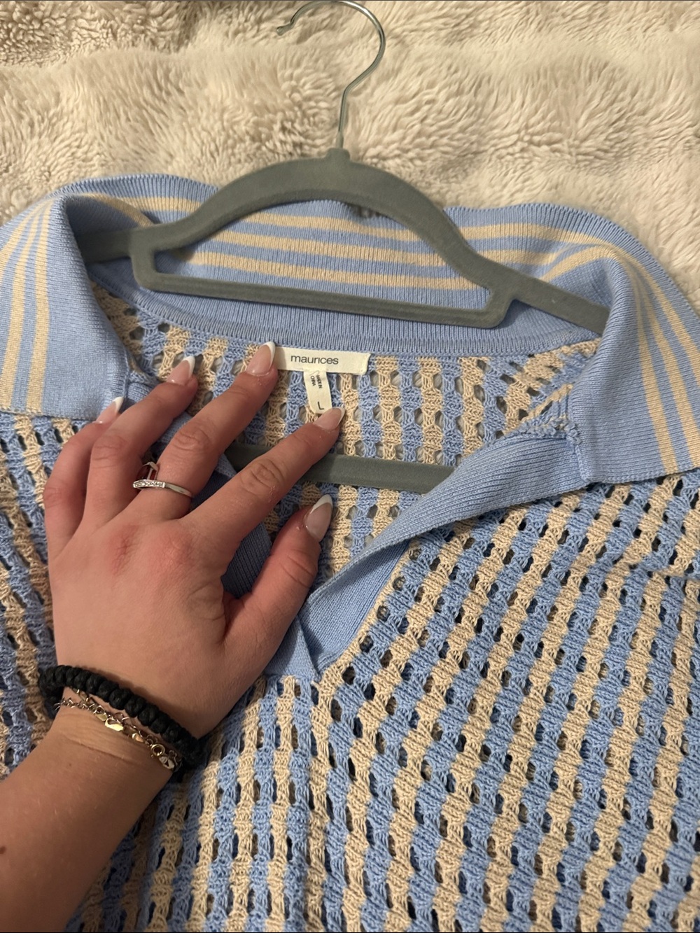 Maurices Light Blue and Cream Open-Knit V-Neck Collared Sweater
